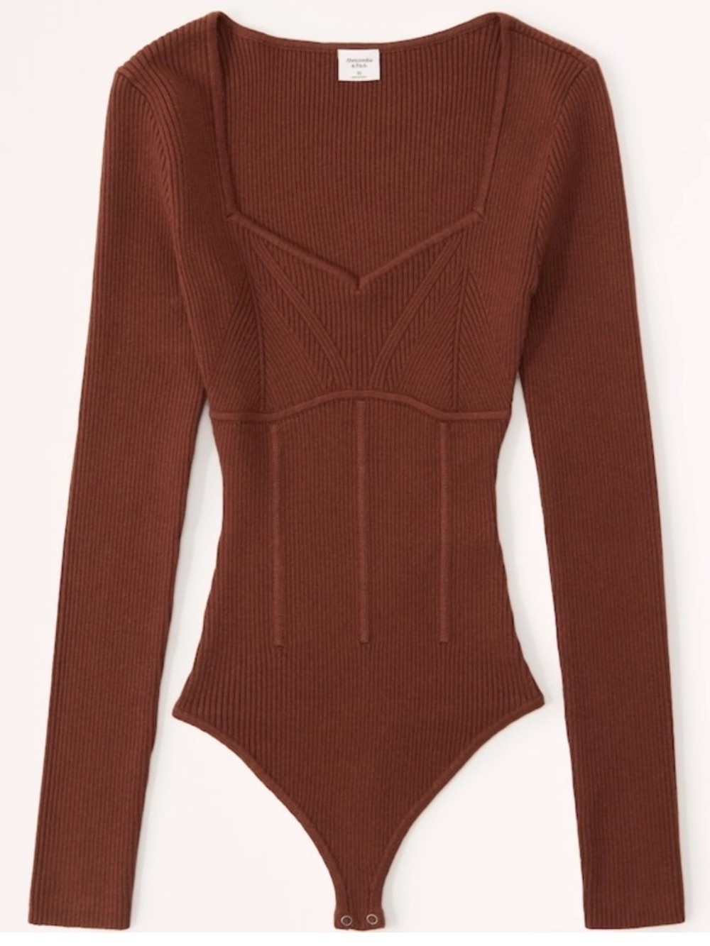 Abercrombie & Fitch Ribbed Square-Neck Long-Sleeve Bodysuit - Chestnut Brown